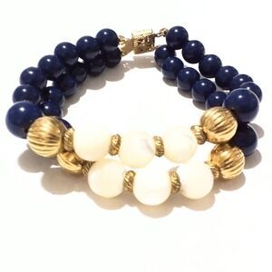 Vintage Mother of Pearl and Blue Bead Double Strand Bracelet